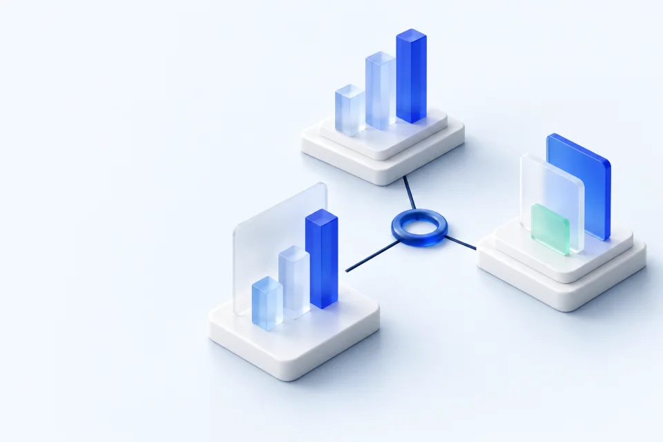 Abstract blue glass forms representing a comparison of advertising options